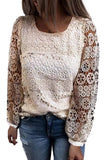 Beige Lace Contrast Hollow-out Long Sleeve Blouse