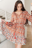 Western Pattern Print Lantern Sleeve Drawstring Mini Dress