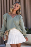 Split V Neck Ruffled Bubble Sleeves Blouse