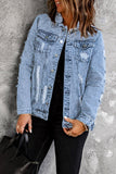 Sky Blue Distressed Buttons Washed Denim Jacket