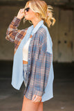 Sky Blue Plaid Contrast Color Block Shirt with Slits