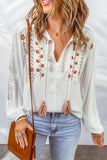 Floral Embroidered Tassel Drawstring V Neck Blouse