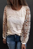 Beige Lace Contrast Hollow-out Long Sleeve Blouse