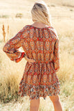 Western Pattern Print Lantern Sleeve Drawstring Mini Dress