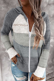 color Zipped Front Colorblock Hollow-out Knit Hoodie