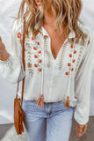 Floral Embroidered Tassel Drawstring V Neck Blouse