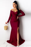 Wine Red Off Shoulder Side Split Bodycon Prom Dress