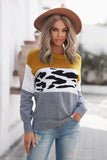 Gray Color Block Leopard Splicing Sweater