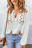 Floral Embroidered Tassel Drawstring V Neck Blouse