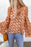 Tie Neck Cold Shoulder Flare Sleeve Floral Blouse