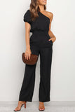 Asymmetric Bare Shoulder Bubble Sleeve Jumpsuit