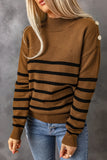 Striped Turtleneck Long Sleeve Sweater with Buttons