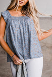 Sky Blue Floral Print Smocked Flounce Sleeveless Top