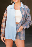 Sky Blue Plaid Contrast Color Block Shirt with Slits