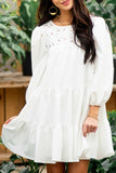 Eyelet Lace Yoke Mini Dress with 3/4 Bubble Sleeves