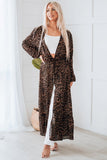 Leopard Print Tie Waist Open Front Kimono Beach Cover Up