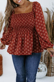 Plus Size Square Neck Printed Peplum Top