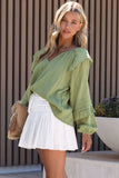 Split V Neck Ruffled Bubble Sleeves Blouse