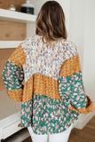 Green Color Block Floral Print Loose Blouse