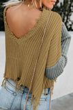 Women's Fashion Solid Color Pullover Long Sleeve Hollow-out Distressed Tassels Sweater V-neck Loose Fitting Knitwear