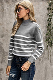 Striped Turtleneck Long Sleeve Sweater with Buttons