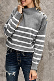 Striped Turtleneck Long Sleeve Sweater with Buttons