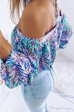 Sky Blue Allover Print Halter Neck Off Shoulder Blouse