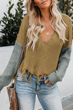 Women's Fashion Solid Color Pullover Long Sleeve Hollow-out Distressed Tassels Sweater V-neck Loose Fitting Knitwear