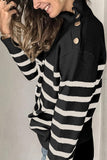 Striped Turtleneck Long Sleeve Sweater with Buttons