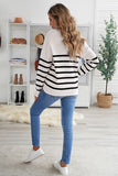 Striped Turtleneck Long Sleeve Sweater with Buttons