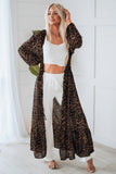 Leopard Print Tie Waist Open Front Kimono Beach Cover Up