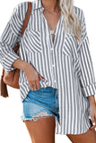 Stripe Linen Dropped Sleeve Button Blouse with Pocket