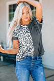 Leopard Block Patchwork Roll-up Sleeve T-shirt