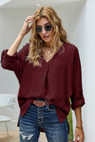 V Neck 3/4 Sleeve High Low Hem Shirt