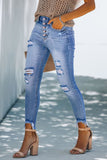 High Rise Button Front Frayed Ankle Skinny Jeans