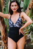 Black Tie-dye Colorblock Crisscross Back One-piece Swimsuit