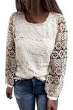 Beige Lace Contrast Hollow-out Long Sleeve Blouse