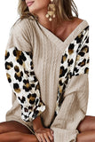 Asymmetric Leopard Patchwork Wide Sleeve V Neck Sweater