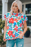 Floral Print Frilled Neck Ruffled Sleeve Top