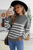 Striped Turtleneck Long Sleeve Sweater with Buttons