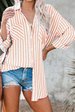 Stripe Linen Dropped Sleeve Button Blouse with Pocket