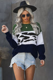 Green Color Block Leopard Splicing Sweater