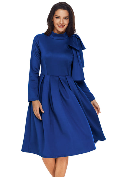 Royal Blue Bowknot Embellished Mock Neck Pocket Dress ALELLY