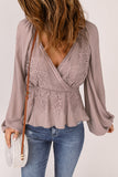 Surplice V Neck Lace Front Balloon Sleeve Blouse