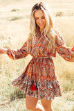 Western Pattern Print Lantern Sleeve Drawstring Mini Dress