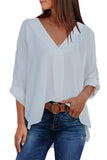 V Neck 3/4 Sleeve High Low Hem Shirt