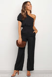 Asymmetric Bare Shoulder Bubble Sleeve Jumpsuit