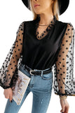 Lace Contrast V Neck Puffy Sleeve Blouse