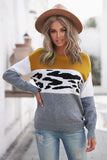 Gray Color Block Leopard Splicing Sweater