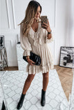 Beige Lacy V Neck Ruffled Mini Dress